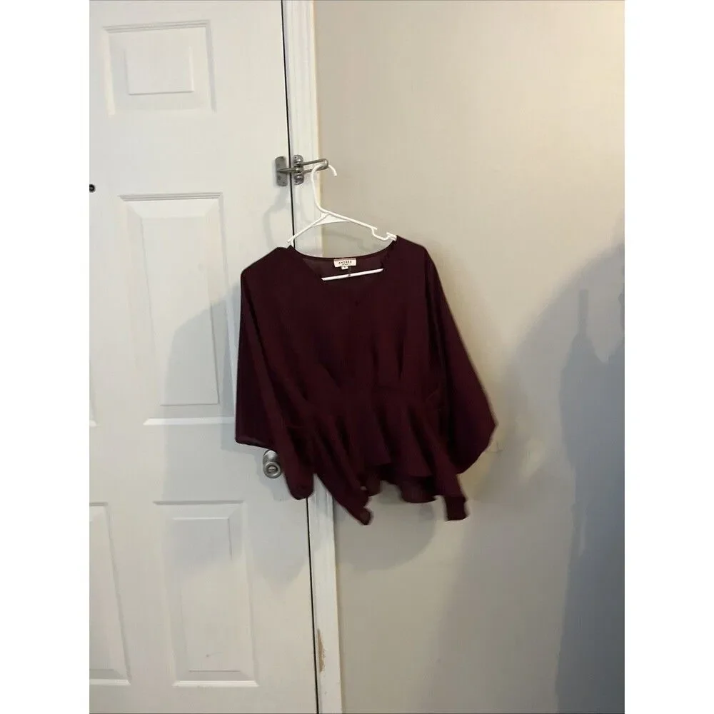 Andree by Unit Burgundy Wine Peplum Top 3/4 Sleeve Small Ruffle Detail Boho
